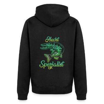 HECHT SPEZIALIST Lustiges Angler Outfit Hecht - Unisex Premium Bio Zip Hoodie - Schwarz - Hinten - Nico (187cm)