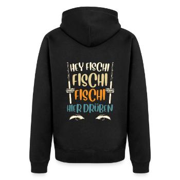 Angler HEY FISCHI FISCHI FISCHI HIER DRÜBEN - Unisex Premium Bio Zip Hoodie - Schwarz - Hinten - Nico (187cm)
