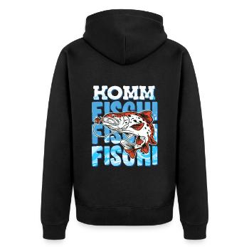 Angeln KOMM FISCHI FISCHI FISCHI Lustiges Angler - Unisex Premium Bio Zip Hoodie - Schwarz - Hinten - Nico (187cm)