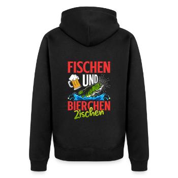 FISCHEN UND BIERCHEN ZISCHEN Lustiges Angler - Unisex Premium Bio Zip Hoodie - Schwarz - Hinten - Nico (187cm)