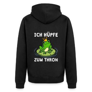 Karneval Frosch ICH HÜPFE ZUM THRON Lustiges - Unisex Premium Bio Zip Hoodie - Schwarz - Hinten - Nico (187cm)