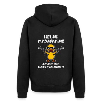 Kölner Karneval HELAU MADAFAKAS Lustiges Enten - Unisex Premium Bio Zip Hoodie - Schwarz - Hinten - Nico (187cm)