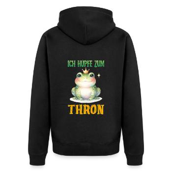 Froschkostüm ICH HÜPFE ZUM THRON Lustiges - Unisex Premium Bio Zip Hoodie - Schwarz - Hinten - Nico (187cm)