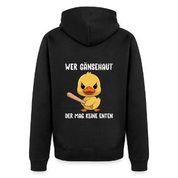Karneval Ente WER GÄNSEHAUT MAG KEINE ENTEN - Unisex Premium Bio Zip Hoodie - Schwarz - Hinten - Nico (187cm)