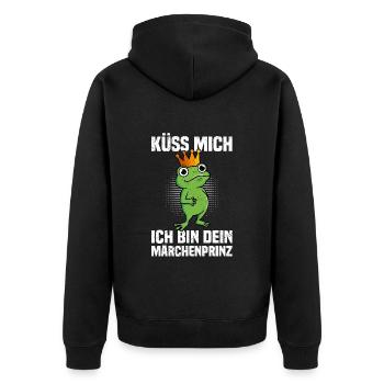 Karneval Frosch KÜSS MICH BIN DEIN MÄRCHENPRINZ - Unisex Premium Bio Zip Hoodie - Schwarz - Hinten - Nico (187cm)