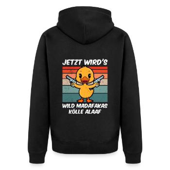 Kölner Karneval JETZT WIRD'S WILD MADAFAKAS KÖLLE - Unisex Premium Bio Zip Hoodie - Schwarz - Hinten - Nico (187cm)