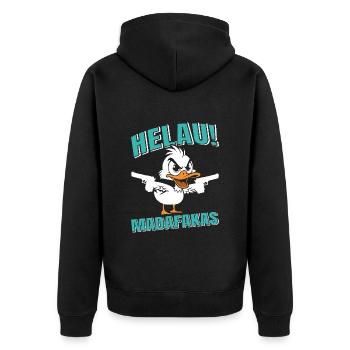 Kölner Karneval HELAU MADAFAKAS Lustiges Enten - Unisex Premium Bio Zip Hoodie - Schwarz - Hinten - Nico (187cm)