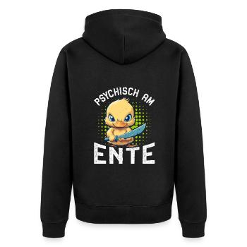 Karneval Enten PSYCHISCH AM ENTE Lustiges - Unisex Premium Bio Zip Hoodie - Schwarz - Hinten - Nico (187cm)