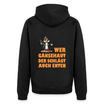 Faschingskostüm WER GÄNSEHAUT DER SCHLÄGT AUCH - Unisex Premium Bio Zip Hoodie - Schwarz - Hinten - Nico (187cm)