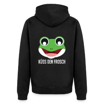 Froschkostüm KÜSS DEN FROSCH Lustiges Faschings - Unisex Premium Bio Zip Hoodie - Schwarz - Hinten - Nico (187cm)