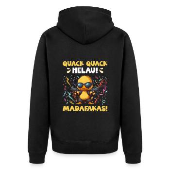 Entenkostüm QUACK QUACK HELAU MADAFAKAS Lustig - Unisex Premium Bio Zip Hoodie - Schwarz - Hinten - Nico (187cm)