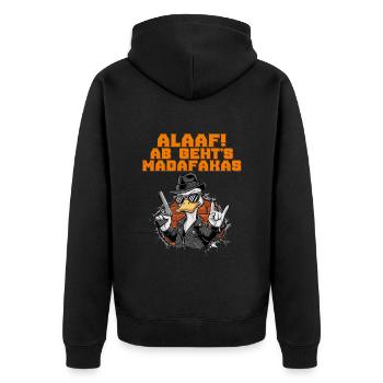 Entenkostüm ALAAF AB GEHT'S MADAFAKAS Lustiges - Unisex Premium Bio Zip Hoodie - Schwarz - Hinten - Nico (187cm)