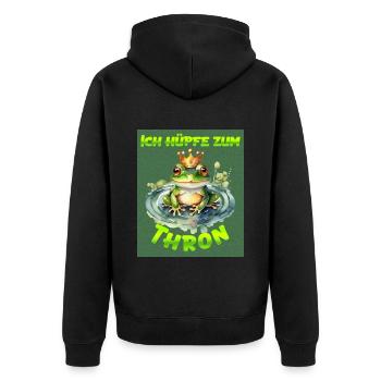 Froschkostüm ICH HÜPFE ZUM THRON Lustiges - Unisex Premium Bio Zip Hoodie - Schwarz - Hinten - Nico (187cm)