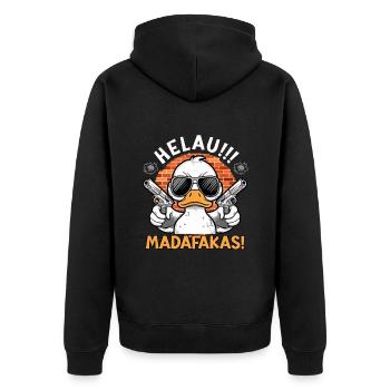 Karneval Ente HELAU! MADAFAKAS! Lustiges Kölner - Unisex Premium Bio Zip Hoodie - Schwarz - Hinten - Nico (187cm)