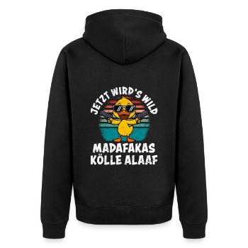 Karneval Ente JETZT WIRD'S WILD MADAFAKAS KÖLLE - Unisex Premium Bio Zip Hoodie - Schwarz - Hinten - Nico (187cm)