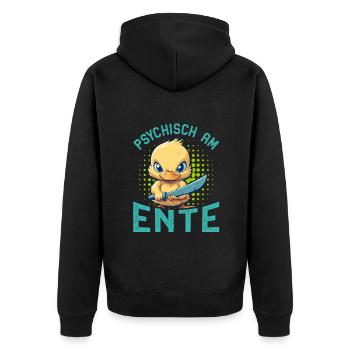 Karneval Enten PSYCHISCH AM ENTE Lustiges - Unisex Premium Bio Zip Hoodie - Schwarz - Hinten - Nico (187cm)