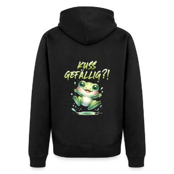 Karneval KUSS GEFÄLLIG? Lustiges Faschings - Unisex Premium Bio Zip Hoodie - Schwarz - Hinten - Nico (187cm)