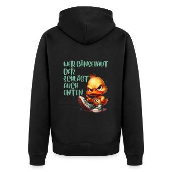Entenkostüm WER GÄNSEHAUT DER SCHLÄGT AUCH - Unisex Premium Bio Zip Hoodie - Schwarz - Hinten - Nico (187cm)
