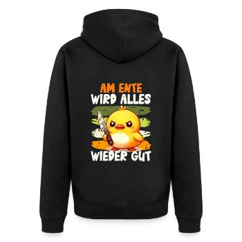 Faschings Ente AM ENTE WIRD ALLES WIEDER GUT - Unisex Premium Bio Zip Hoodie - Schwarz - Hinten - Nico (187cm)