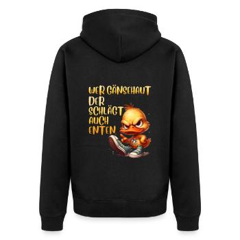 Entenkostüm WER GÄNSEHAUT DER SCHLÄGT AUCH - Unisex Premium Bio Zip Hoodie - Schwarz - Hinten - Nico (187cm)