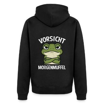 Karneval Kostüm Lustig VORSICHT MORGENMUFFEL - Unisex Premium Bio Zip Hoodie - Schwarz - Hinten - Nico (187cm)