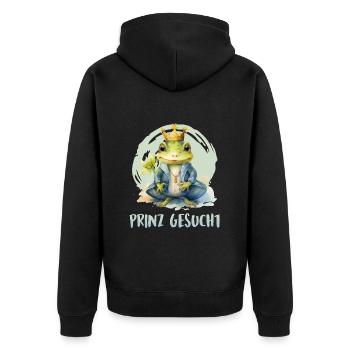 Karneval Kostüm PRINZ GESUCHT Froschkostüm - Unisex Premium Bio Zip Hoodie - Schwarz - Hinten - Nico (187cm)