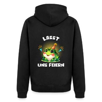 Froschkostüm LASST UNS FEIERN Lustiges Karneval - Unisex Premium Bio Zip Hoodie - Schwarz - Hinten - Nico (187cm)