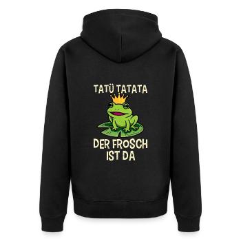 Faschings Kostüm TATÜ TATATA DER FROSCH IST DA - Unisex Premium Bio Zip Hoodie - Schwarz - Hinten - Nico (187cm)