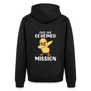 ENTE AUF GEHEIMER MISSION Lustiges Karneval - Unisex Premium Bio Zip Hoodie - Schwarz - Hinten - Nico (187cm)