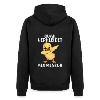 Faschings Ente QUACK VERKLEIDET ALS MENSCH Lustig - Unisex Premium Bio Zip Hoodie - Schwarz - Hinten - Nico (187cm)