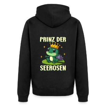 Karneval Kostüm PRINZ DER SEEROSE Frosch - Unisex Premium Bio Zip Hoodie - Schwarz - Hinten - Nico (187cm)