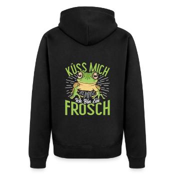 Karneval Party Frosch KÜSS MICH BIN EIN FROSCH - Unisex Premium Bio Zip Hoodie - Schwarz - Hinten - Nico (187cm)