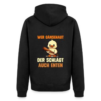Faschingskostüm WER GÄNSEHAUT DER SCHLÄGT AUCH - Unisex Premium Bio Zip Hoodie - Schwarz - Hinten - Nico (187cm)