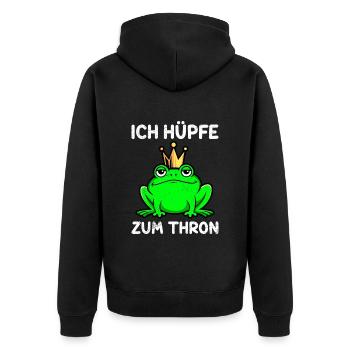 Karneval Frosch ICH HÜPFE ZUM THRON Lustiges - Unisex Premium Bio Zip Hoodie - Schwarz - Hinten - Nico (187cm)
