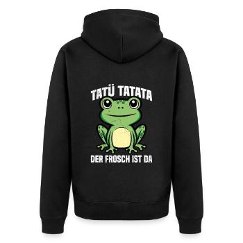 Faschings Kostüm TATÜ TATATA DER FROSCH IST DA - Unisex Premium Bio Zip Hoodie - Schwarz - Hinten - Nico (187cm)