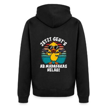Entenkostüm JETZT GEHT'S AB MADAFAKAS HELAU! - Unisex Premium Bio Zip Hoodie - Schwarz - Hinten - Nico (187cm)