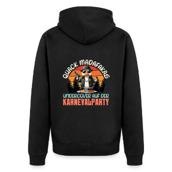 Karneval Ente QUACK MADAFAKAS UNDERCOVER AUF - Unisex Premium Bio Zip Hoodie - Schwarz - Hinten - Nico (187cm)