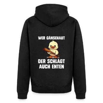 Faschingskostüm WER GÄNSEHAUT DER SCHLÄGT AUCH - Unisex Premium Bio Zip Hoodie - Schwarz - Hinten - Nico (187cm)