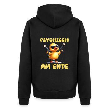 Entenkostüm PSYCHISCH AM ENTE Lustiges Karenval - Unisex Premium Bio Zip Hoodie - Schwarz - Hinten - Nico (187cm)
