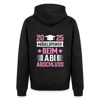 Absolventin 2025 MÄDELSPOWER BEIM ABI ABSCHLUSS - Unisex Premium Bio Zip Hoodie - Schwarz - Hinten - Nico (187cm)