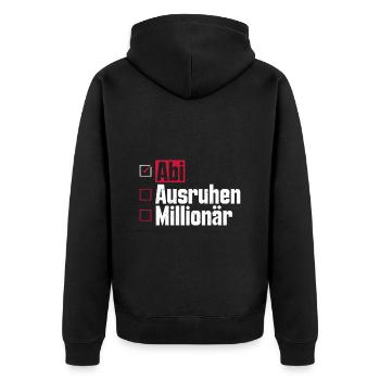 Abitur ABI AUSRUHEN MILLIONÄR Abi Lustiges - Unisex Premium Bio Zip Hoodie - Schwarz - Hinten - Nico (187cm)