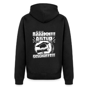 ABITUR GESCHAFFT!! Abi Geschafft Lustiges - Unisex Premium Bio Zip Hoodie - Schwarz - Hinten - Nico (187cm)