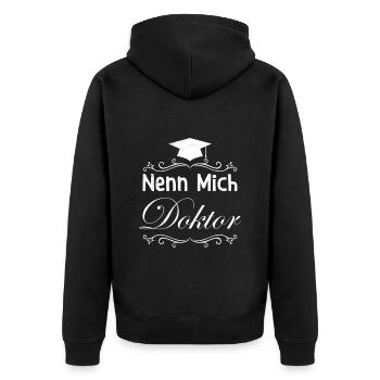 Doktorarbeit NENN MICH DOKTOR Ph.D Lustiges - Unisex Premium Bio Zip Hoodie - Schwarz - Hinten - Nico (187cm)