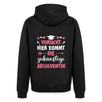 Mädchen VORSICHT HIER KOMMT DIE ZUKÜNFTIGE - Unisex Premium Bio Zip Hoodie - Schwarz - Hinten - Nico (187cm)