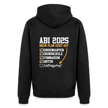 ABI 2025 MEIN PLAN GEHT AUF Abiturient Lustiges - Unisex Premium Bio Zip Hoodie - Schwarz - Hinten - Nico (187cm)
