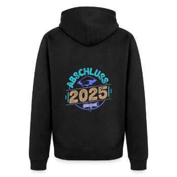 Abitur ABSCHLUSS 2025 Abi Geschafft Lustiges - Unisex Premium Bio Zip Hoodie - Schwarz - Hinten - Nico (187cm)
