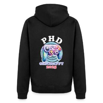 PH.D GESCHAFFT 2025 Lustiges Doktorand - Unisex Premium Bio Zip Hoodie - Schwarz - Hinten - Nico (187cm)