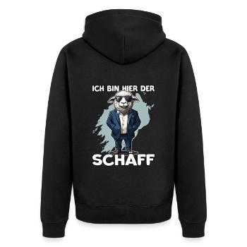 Ich bin hier der Chef Schäff | Chef | Teamleiter - Unisex Premium Bio Zip Hoodie - Schwarz - Hinten - Nico (187cm)