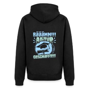 ABITUR GESCHAFFT!! Abi Geschafft Lustiges - Unisex Premium Bio Zip Hoodie - Schwarz - Hinten - Nico (187cm)