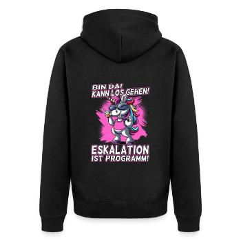 Bin da kann los gehen Eskalation ist Programm Bier - Unisex Premium Bio Zip Hoodie - Schwarz - Hinten - Nico (187cm)